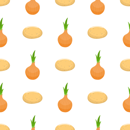 Seamless pattern with potato and onion vegetables. Organic food. Cartoon style. Vector illustration for design, web, wrapping paper, fabric, wallpaper.のイラスト素材