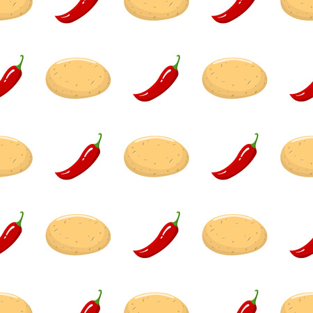 Seamless pattern with potato and chilli pepper vegetables. Organic food. Cartoon style. Vector illustration for design, web, wrapping paper, fabric, wallpaper.のイラスト素材