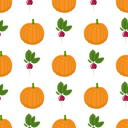 Seamless pattern with pumpkin and radish vegetables. Organic food. Cartoon style. Vector illustration for design, web, wrapping paper, fabric, wallpaper.のイラスト素材