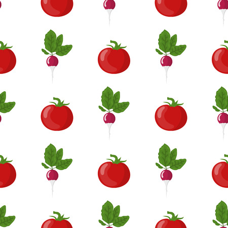 Seamless pattern with fresh radish and tomato vegetables. Organic food. Cartoon style. Vector illustration for design, web, wrapping paper, fabric, wallpaper.のイラスト素材