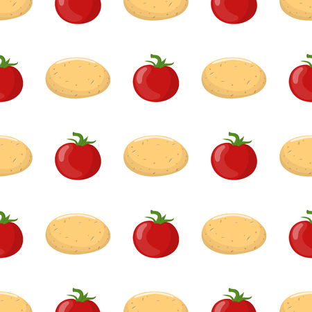 Seamless pattern with potato and red tomato vegetables. Organic food. Cartoon style. Vector illustration for design, web, wrapping paper, fabric, wallpaper.のイラスト素材