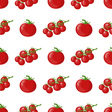 Seamless pattern with fresh tomato and cherry tomato branch vegetables. Organic food. Cartoon style. Vector illustration for design, web, wrapping paper, fabric, wallpaper.のイラスト素材