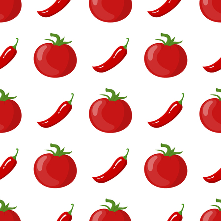 Seamless pattern with fresh tomato and chilli pepper vegetables. Organic food. Cartoon style. Vector illustration for design, web, wrapping paper, fabric, wallpaper.のイラスト素材