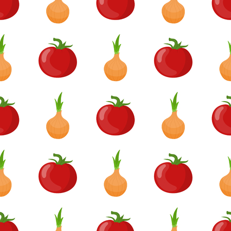 Seamless pattern with fresh tomato and onion vegetables. Organic food. Cartoon style. Vector illustration for design, web, wrapping paper, fabric, wallpaper.のイラスト素材