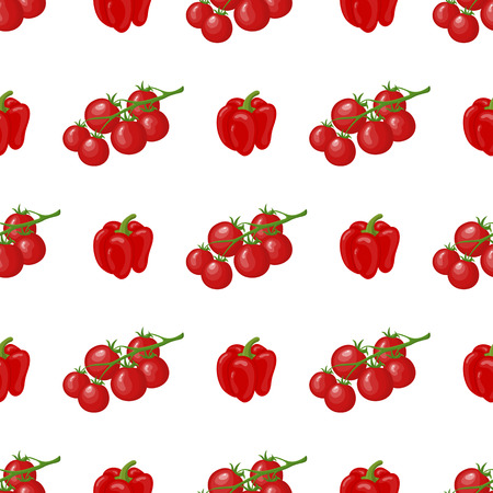 Seamless pattern with fresh cherry tomato and bell pepper vegetables. Organic food. Cartoon style. Vector illustration for design, web, wrapping paper, fabric, wallpaper.のイラスト素材
