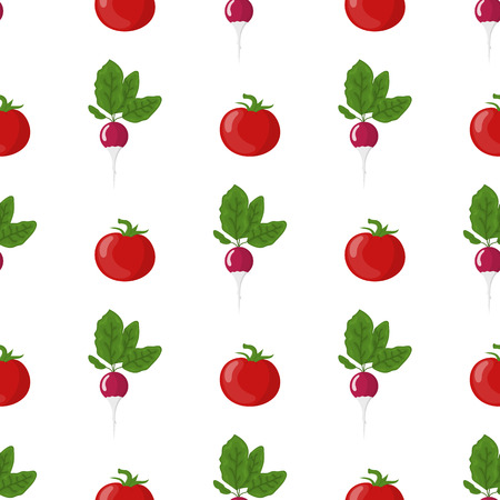Seamless pattern with fresh radish and tomato vegetables. Organic food. Cartoon style. Vector illustration for design, web, wrapping paper, fabric, wallpaper.のイラスト素材