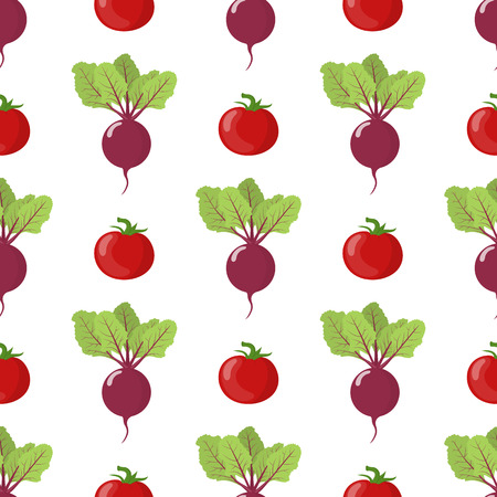 Seamless pattern with fresh beet and tomato vegetables. Organic food. Cartoon style. Vector illustration for design, web, wrapping paper, fabric, wallpaper.のイラスト素材
