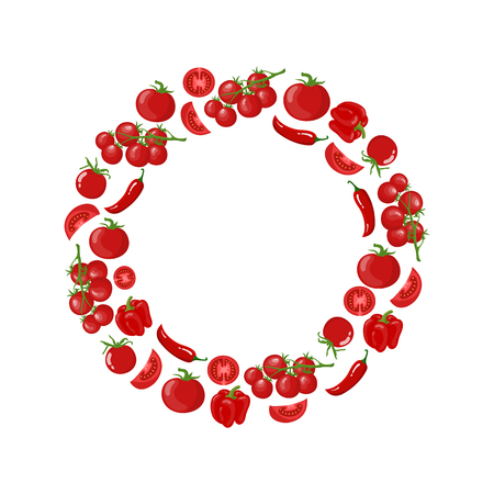 Red wreath from tomato, bell pepper, chilli pepper, cherry tomato. Fresh vegetables. Organic food. Vector illustration on white background.のイラスト素材