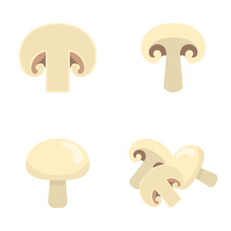 Set of fresh champignons isolated on white background. Mushroom icons for market, recipe design. Organic food. Cartoon style. Vector illustration for design.のイラスト素材