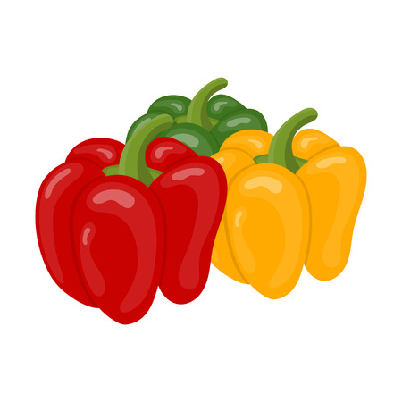 Fresh bell pepper vegetables isolated on white background. Green, yellow, red pepper icons for market, recipe design. Cartoon style. Vector illustration for design.のイラスト素材