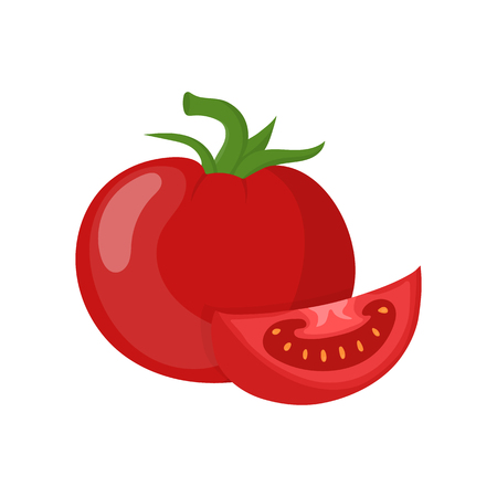 Fresh red tomato vegetable isolated on white background. Whole and slice tomato icon for market, recipe design. Organic food. Cartoon style. Vector illustration for design.のイラスト素材