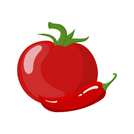 Fresh red tomato and chili pepper isolated on white background. Vegetable icon for market, recipe design. Organic food. Cartoon style. Vector illustration for design.のイラスト素材