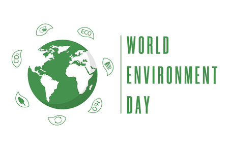 World Environment Day. Earth globe with leaves. Creative poster or banner. Ecology planet. Eco friendly design. Vector illustration.のイラスト素材