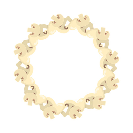 Champignons wreath isolated on white background. Mushroom icon for market, recipe design. Organic food. Cartoon style. Vector illustration for design.のイラスト素材