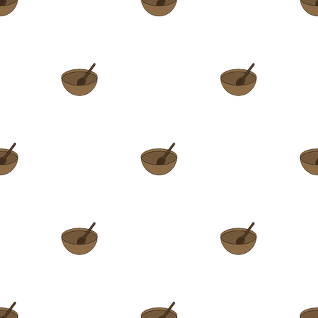 Seamless pattern with wooden bowl and spoon on white background. Medieval crockery for adventure. Vector illustration for design, web, wrapping paper, fabric, wallpaper.のイラスト素材