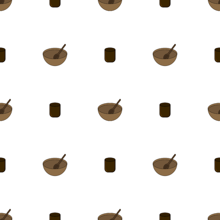 Seamless pattern with wooden bowl and cup on white background. Medieval crockery for adventure. Vector illustration for design, web, wrapping paper, fabric, wallpaper.のイラスト素材