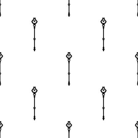 Seamless pattern with black silhouette of magic staff icon on white background. Magic wand, scepter, stick, rod. Vector illustration for design, web, wrapping paper, fabric, wallpaper.のイラスト素材