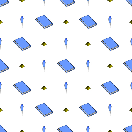 Seamless pattern with books, feathers and ink pots on white background. Vector illustration for design, web, wrapping paper, fabric, wallpaper.のイラスト素材