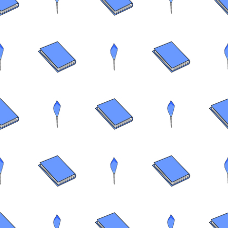 Seamless pattern with blue books and feathers on white background. Vector illustration for design, web, wrapping paper, fabric, wallpaper.のイラスト素材