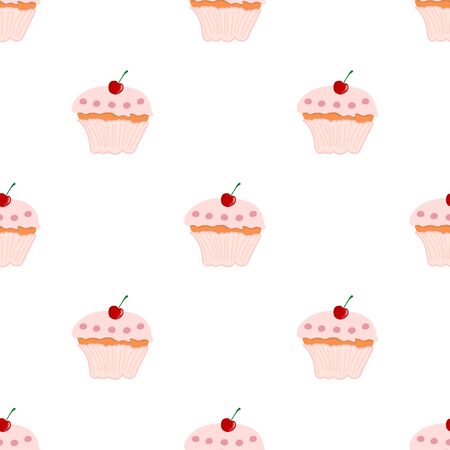 Seamless pattern with cupcake and cherry on white background. Sweet food. Vector illustration for design, web, wrapping paper, fabric, wallpaper.のイラスト素材