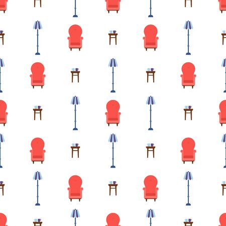 Seamless pattern with vintage cozy red armchair, chair and lamp. Interior of the living room. Vector illustration for design, web, wrapping paper, fabric, wallpaper.のイラスト素材
