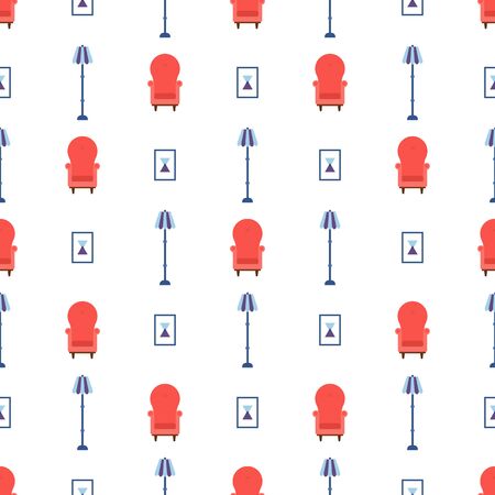 Seamless pattern with vintage cozy red armchair, abstract picture and lamp. Interior of the living room. Vector illustration for design, web, wrapping paper, fabric, wallpaper.のイラスト素材