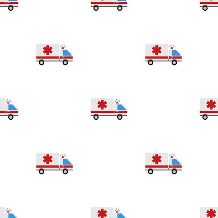 Seamless pattern with emergency ambulance on white background. Medical vehicle. Medicine sign. Flat style. Vector illustration for design, web, wrapping paper, fabric, wallpaper.のイラスト素材