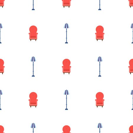 Seamless pattern with vintage cozy red armchair and lamp. Interior of the living room. Vector illustration for design, web, wrapping paper, fabric, wallpaper.のイラスト素材