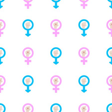 Seamless pattern with male and female, man and woman symbols. Blue and pink colors. Raise fists. Gender equality. Vector illustration for design, web, wrapping paper, fabric, wallpaper.のイラスト素材
