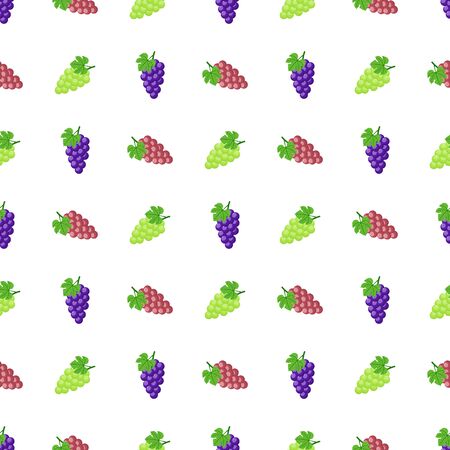 Seamless pattern with purple, green and red grapes isolated on white background. Bunch of purple grapes with stem and leaf. Vector illustration for design, web, wrapping paper, fabric, wallpaper.のイラスト素材