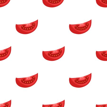 Seamless pattern with fresh slice of red tomato vegetable isolated on white background. Organic food. Cartoon style. Vector illustration for design, web, wrapping paper, fabric, wallpaper.のイラスト素材