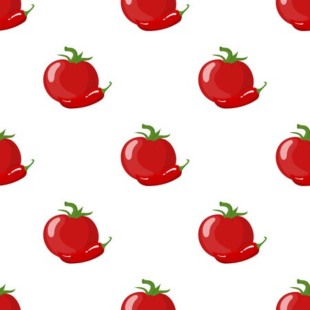 Seamless pattern with fresh red tomato and chilli pepper isolated on white background. Organic food. Cartoon style. Vector illustration for design, web, wrapping paper, fabric.のイラスト素材