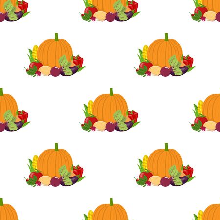 Seamless pattern with group of fresh vegetables on white background. Pumpkin, tomato, corn, bell pepper, potato, radish, beet, chilli pepper, eggplant, pea. Organic food. Vector illustration.のイラスト素材