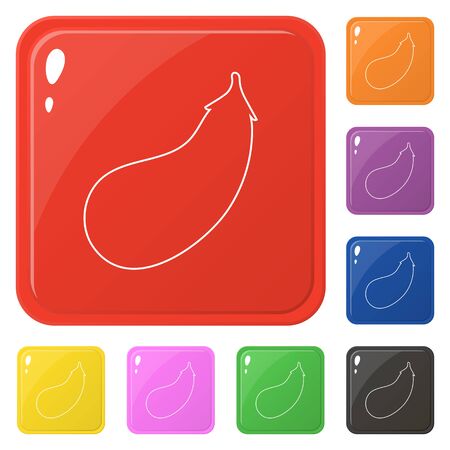 Line style eggplant icons set 8 colors isolated on white. Collection of glossy square colorful buttons. Vector illustration for any design.のイラスト素材