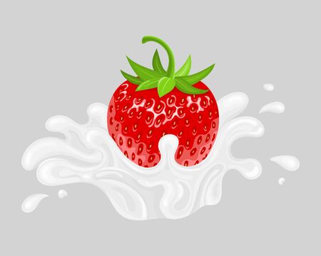 Red fresh realistic strawberry with milk splash isolated on grey background. Sweet food. Organic fruit. Vector illustration for any design.のイラスト素材