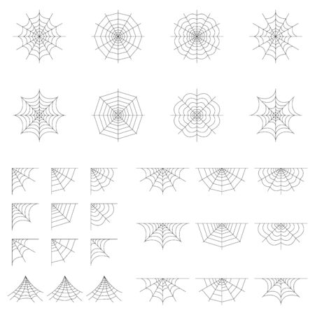Set of spider web isolated on white background. Halloween spiderweb elements. Collection cobweb line style. Vector illustration for any design.のイラスト素材