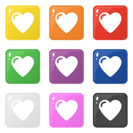 Heart icons set 9 colors isolated on white. Collection of glossy square colorful buttons. Vector illustration for any design.のイラスト素材