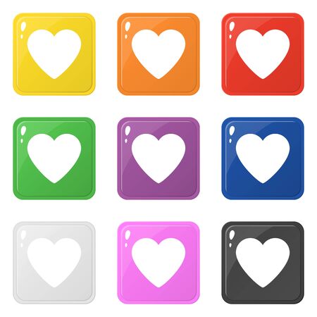 Heart icons set 9 colors isolated on white. Collection of glossy square colorful buttons. Vector illustration for any design.のイラスト素材