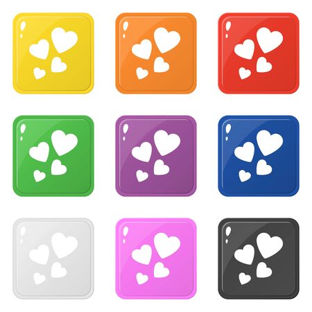 Heart icons set 9 colors isolated on white. Collection of glossy square colorful buttons. Vector illustration for any design.のイラスト素材