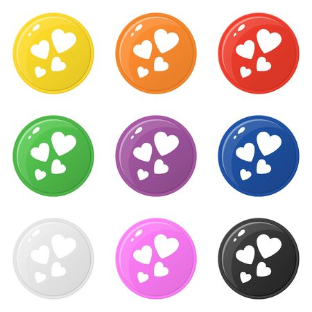Heart icons set 9 colors isolated on white. Collection of glossy round colorful buttons. Vector illustration for any design.のイラスト素材