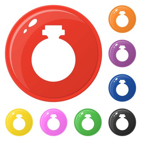 Bottle flask potion set 8 colors isolated on white. Collection of glossy round colorful buttons. Vector illustration for any design.のイラスト素材