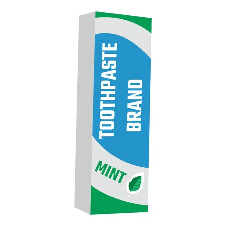 Toothpaste box cartoon template with mint leaf isolated on white background. Teeth protection, oral care, dental health concept for toothpaste packaging, poster. Vector illustration for any design.のイラスト素材