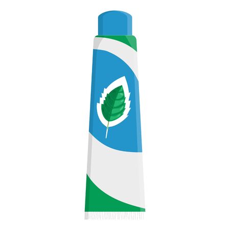 Toothpaste cartoon template with mint leaf isolated on white background. Teeth protection, oral care, dental health concept design for toothpaste packaging, poster. Vector illustration for any design.のイラスト素材