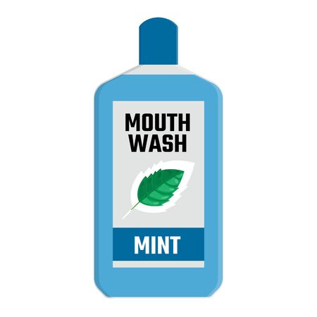 Mouthwash blue color with mint leaf cartoon isolated on white background. Teeth protection, oral care, dental health concept for poster, banner. Vector illustration for any design.のイラスト素材