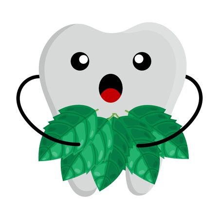 Tooth kawaii character holding leaves of mint isolated on white background. Vector illustration for any design.のイラスト素材