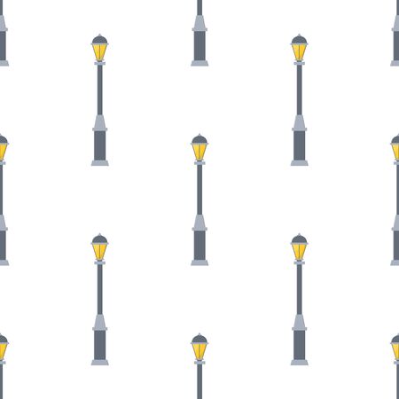 Seamless pattern with street lights cartoon isolated on white background. Modern and vintage street light. Elements for landscape construction. Vector illustration for design, web, wrapping paper.のイラスト素材