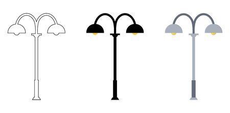 Outline, black silhouette, cartoon streen lights set isolated on white background. Vintage street lights. Elements for landscape construction. Vector illustration for any design.のイラスト素材