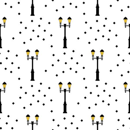 Seamless pattern with street light black silhouettes isolated on white background. Modern and vintage street lights. Elements for landscape construction. Vector illustration for design, wrapping paperのイラスト素材