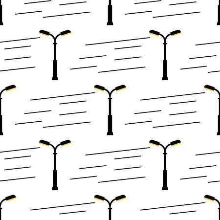 Seamless pattern with street light black silhouettes isolated on white background. Modern and vintage street lights. Elements for landscape construction. Vector illustration for design, wrapping paperのイラスト素材