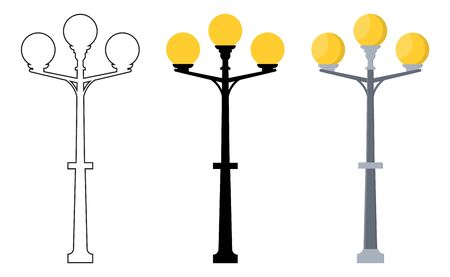 Outline, black silhouette, cartoon streen lights set isolated on white background. Vintage street lights. Elements for landscape construction. Vector illustration for any design.のイラスト素材